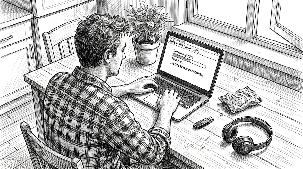 Uomo che esegue uno strumento di riparazione per la corruzione dei file su laptop