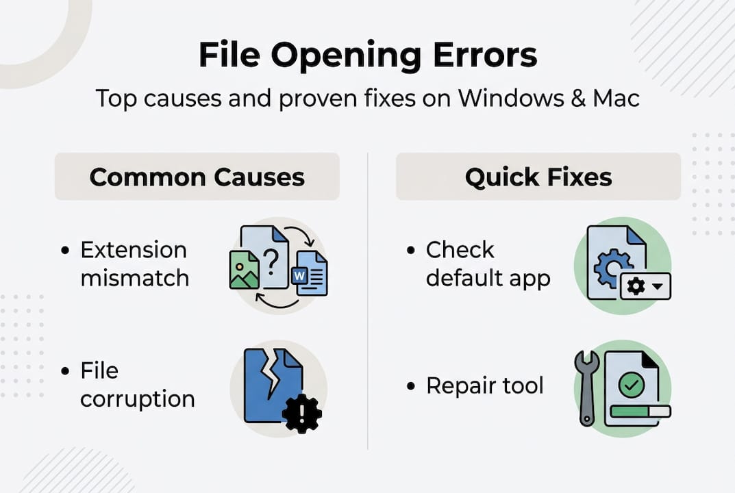 Infografica delle cause e soluzioni degli errori di file con sezioni etichettate