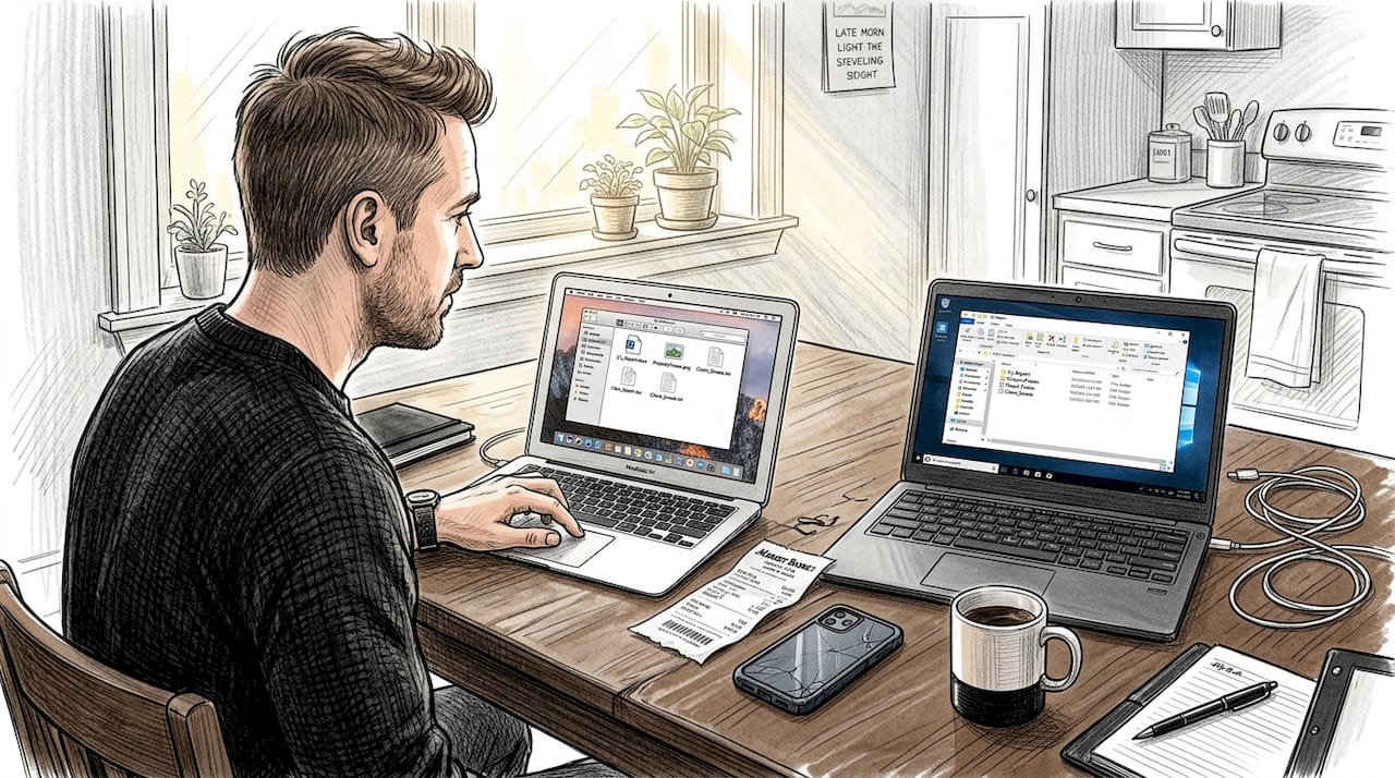 Uomo che usa dispositivi Windows e Mac fianco a fianco