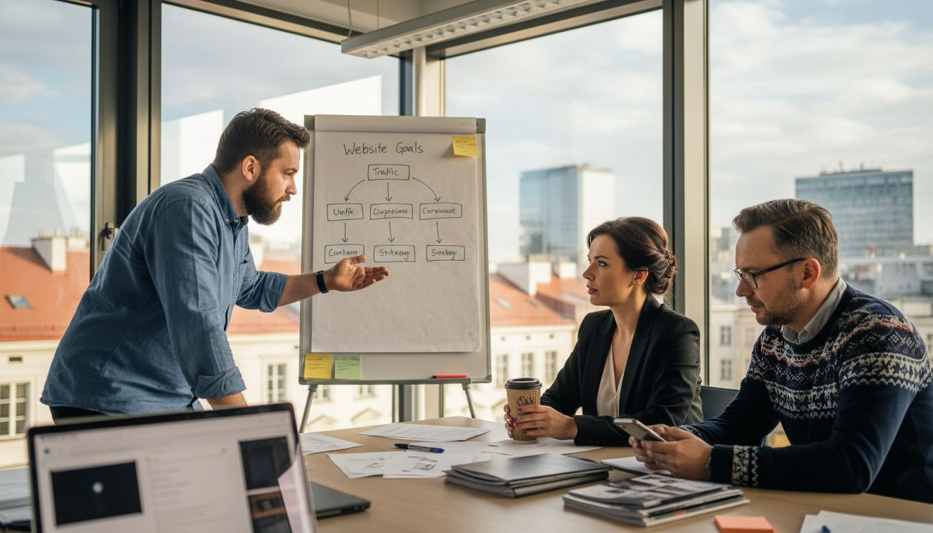 Team discusses website goals at conference table