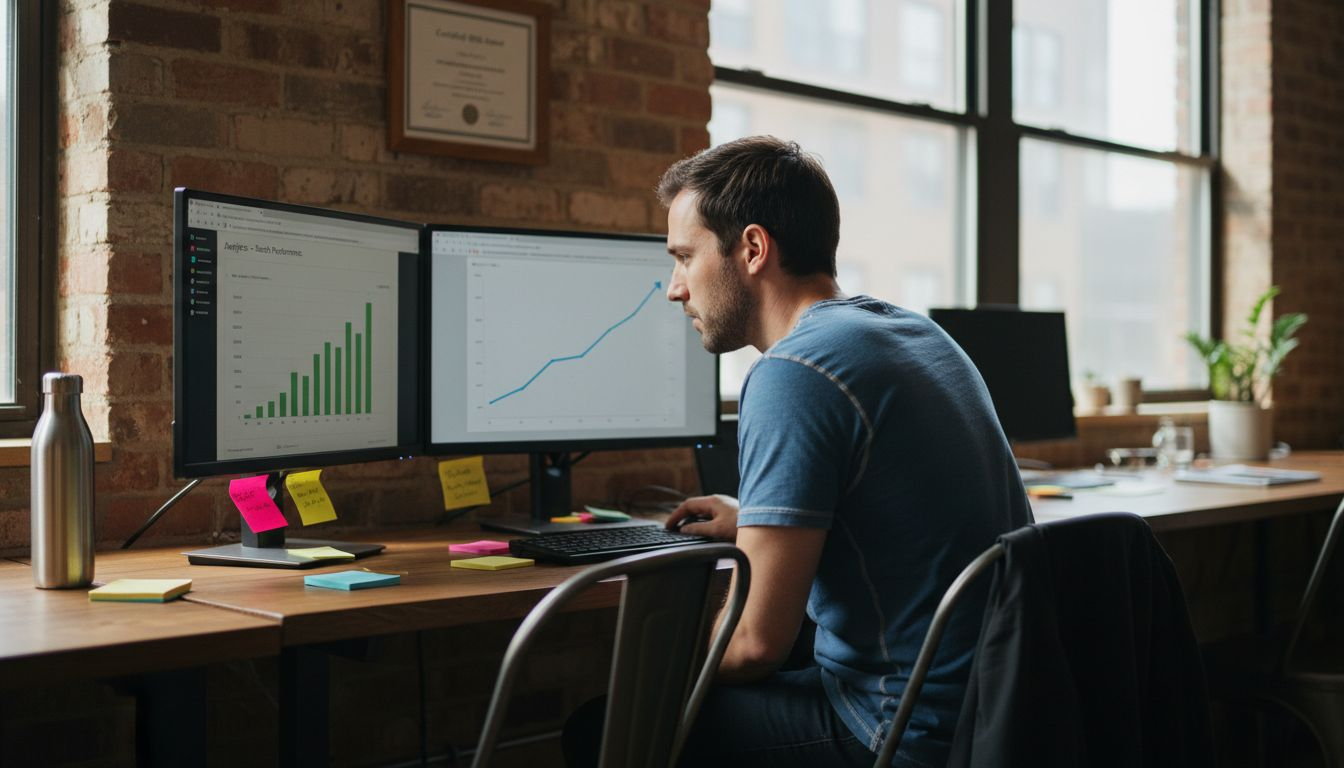 SEO specialist reviewing analytics at desk