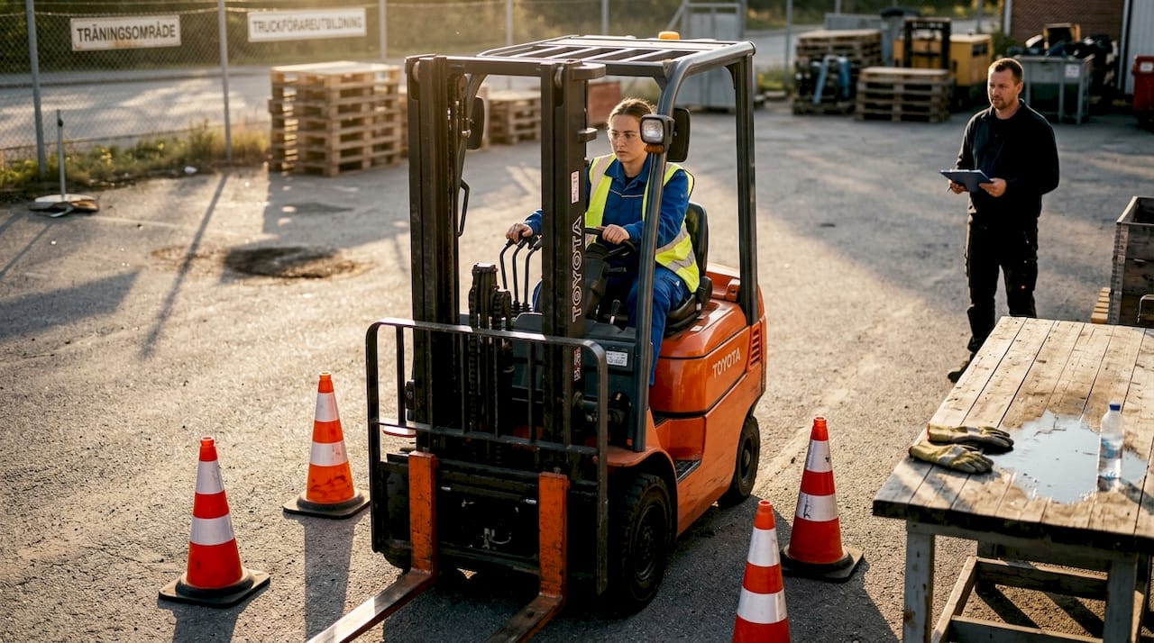 En praktikant kör truck genom en bana med koner under sitt prov.