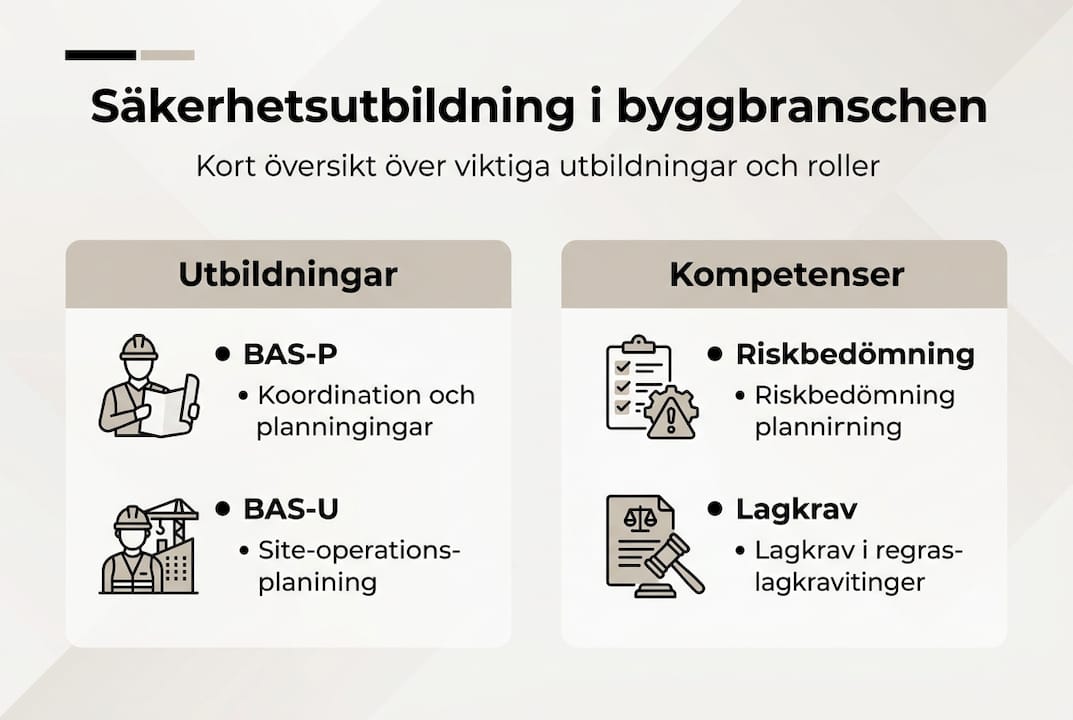 Grafisk översikt över de viktigaste säkerhetsutbildningarna inom byggsektorn