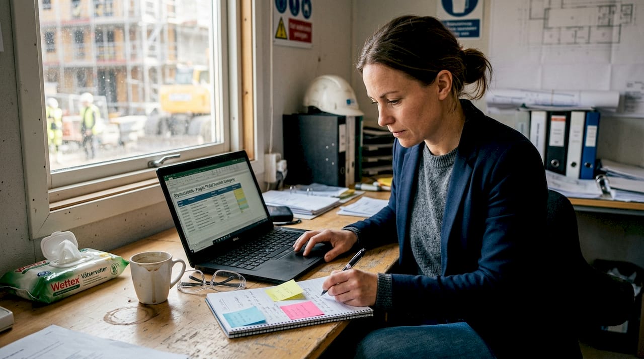 En projektadministratör går igenom säkerhetsrutiner för byggarbetsplatsen vid sitt skrivbord.
