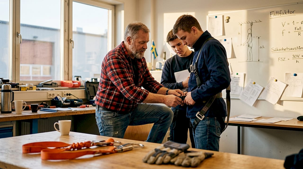 Kursledaren visar hur man använder en fallskyddssele för deltagarna