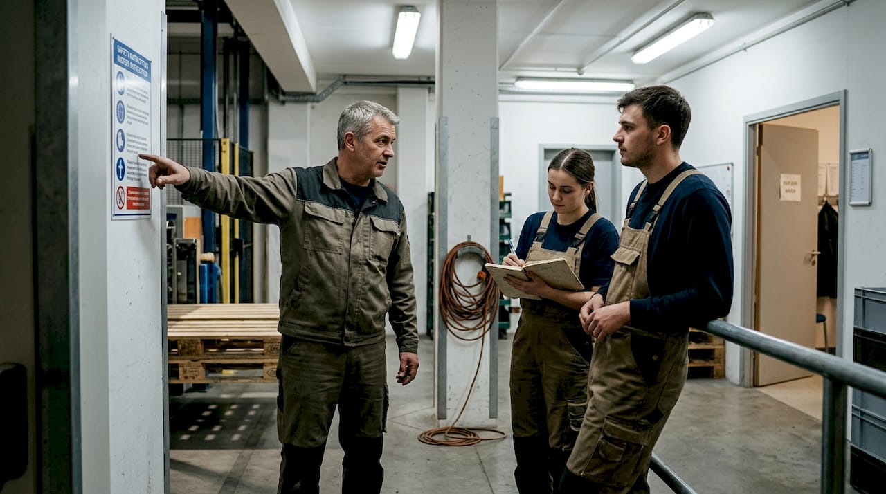 En handledare går igenom säkerhetsrutinerna på arbetsplatsen.