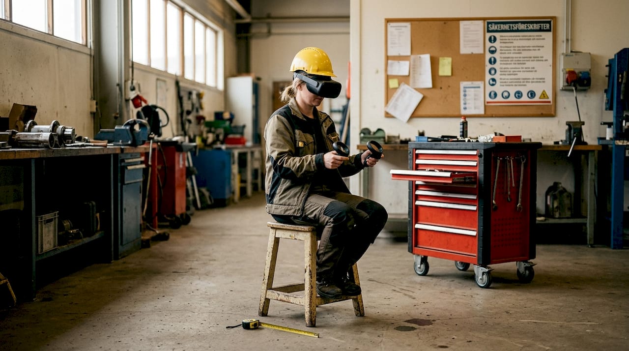 En kvinna går igenom en VR-utbildning på verkstadsgolvet.