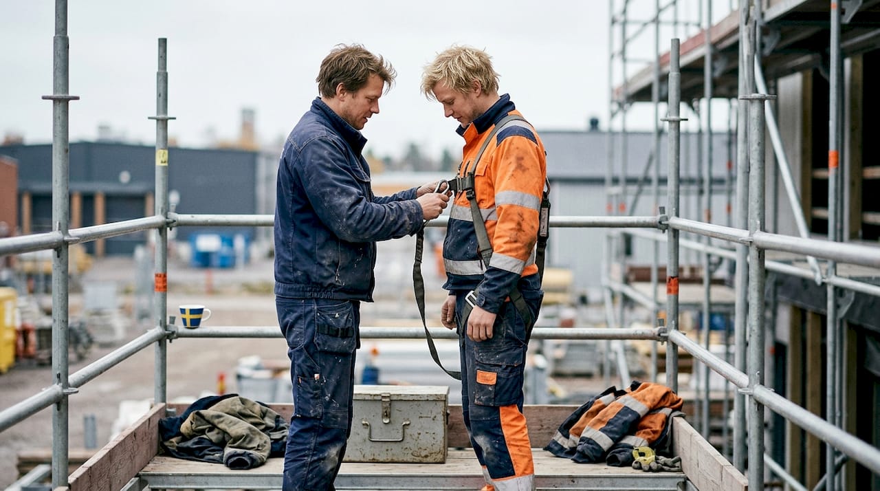 Vi genomför en praktisk övning där deltagarna får testa att använda fallskyddssele på byggställning, med fokus på säker hantering och korrekt användning.