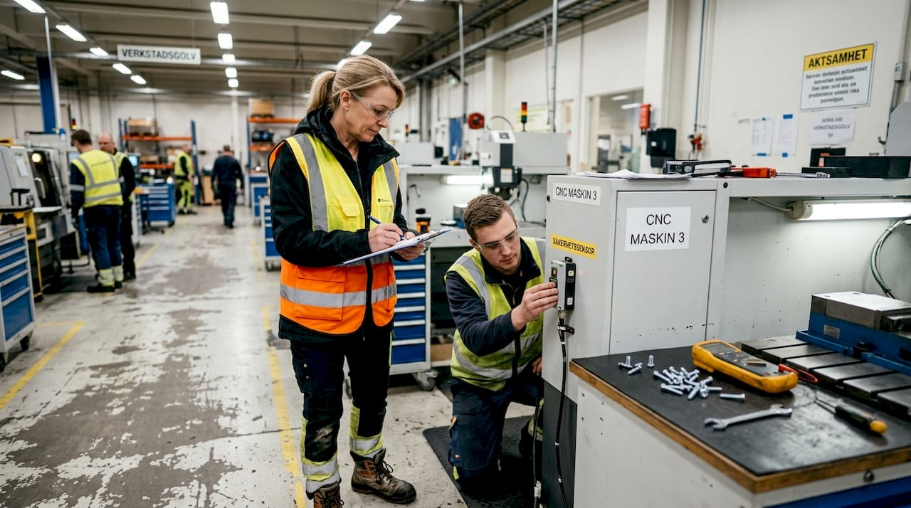 En arbetsledare granskar säkerheten kring CNC-maskiner ute i produktionen.