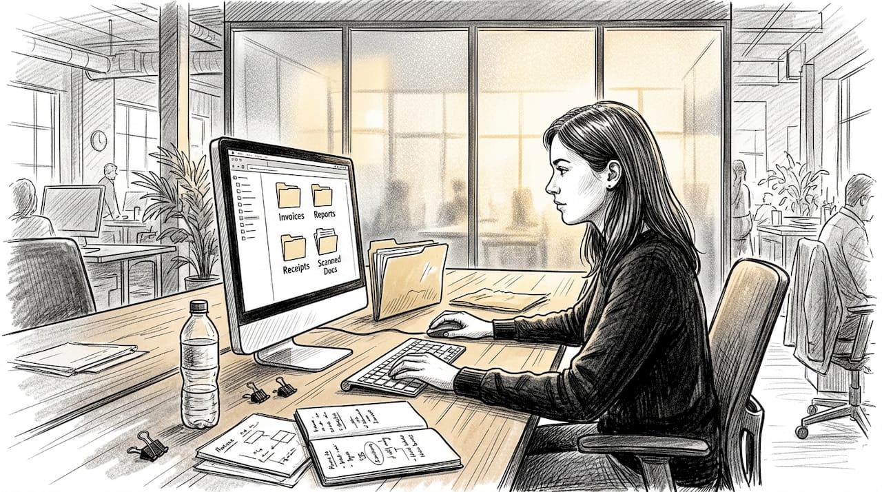 Engineer sorting scanned documents at desk