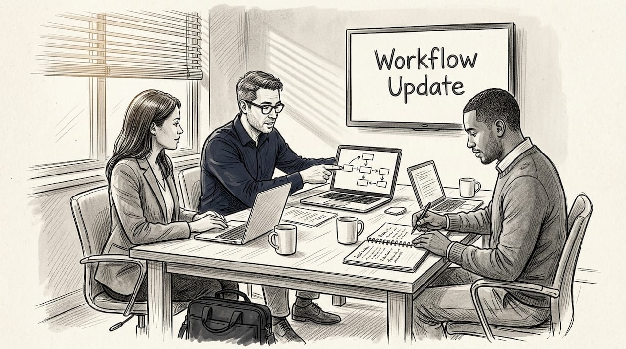 Collaborative team discussing AI workflows in meeting