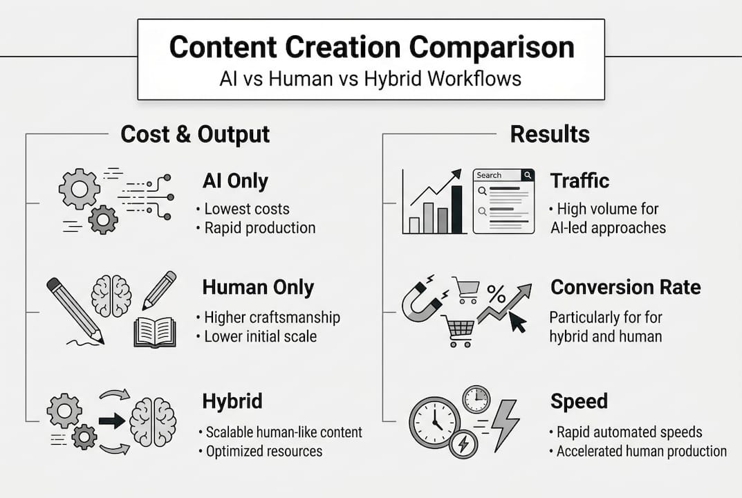 Infographic comparing AI, human, hybrid content