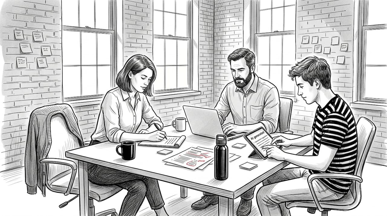 Coworkers discussing AI hybrid workflow