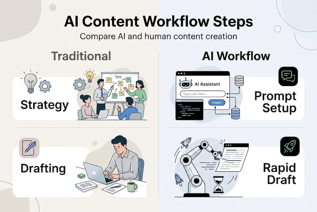 Infographic comparing AI and human content workflows