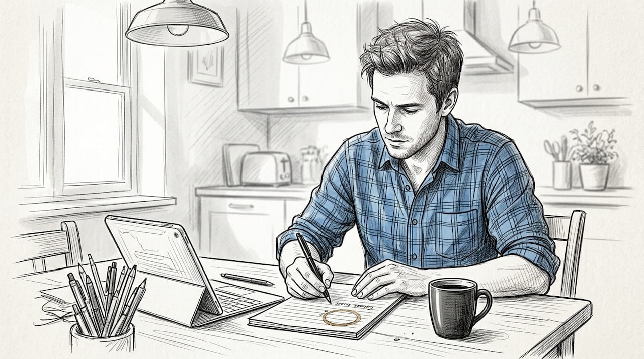 Writer outlining article draft in home kitchen