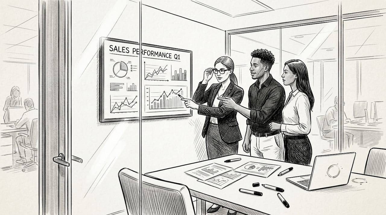 Team discussing BI dashboards in meeting room