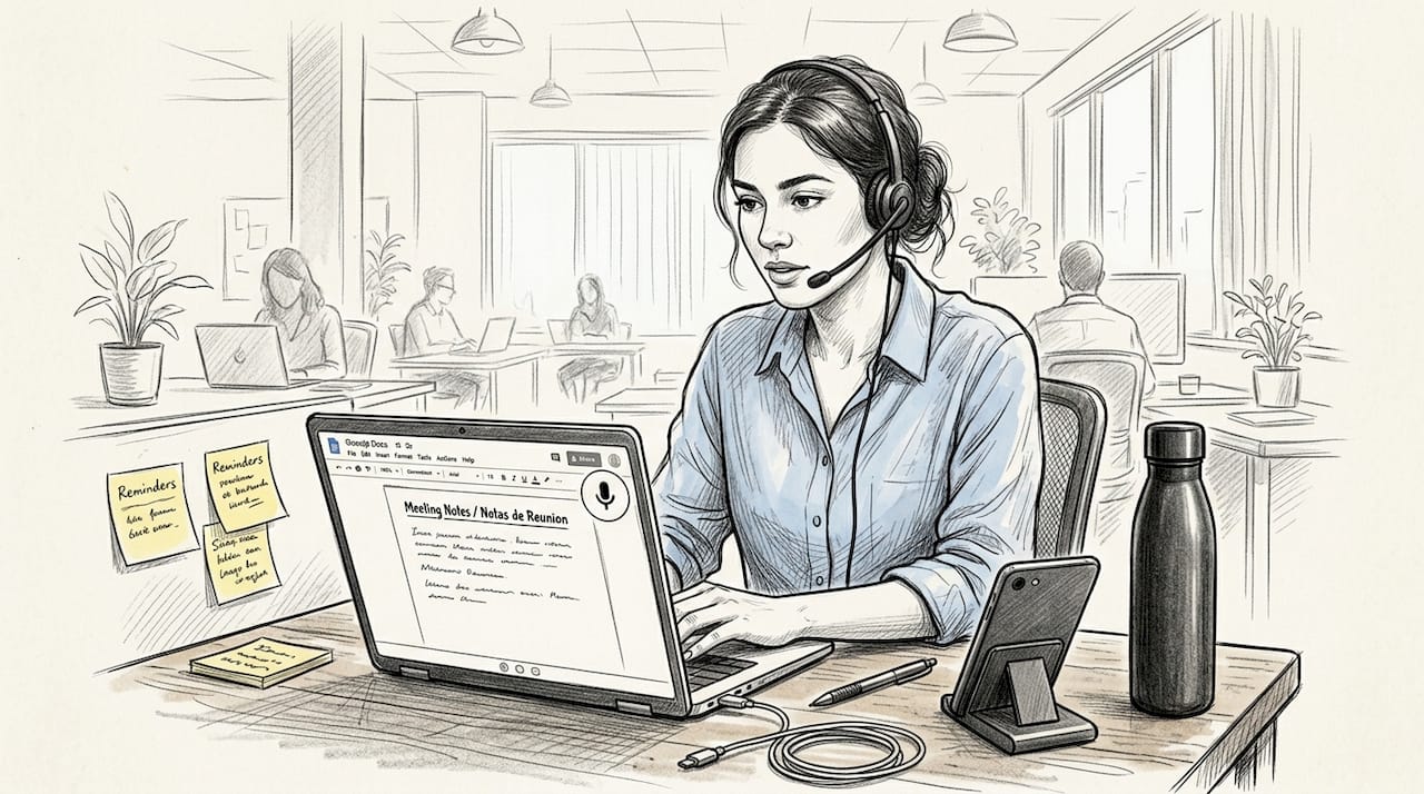 Woman dictating notes in bilingual office