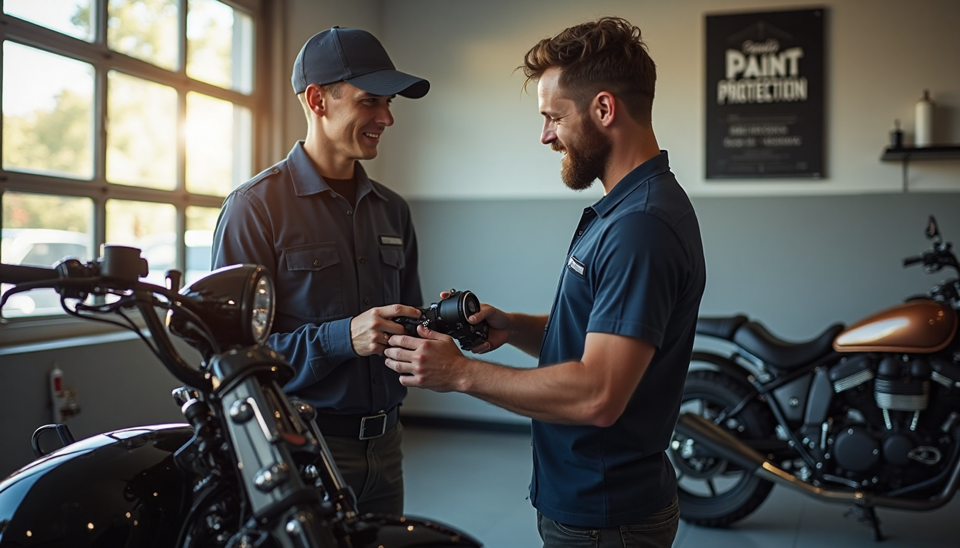 Motorcycle technician shows protected bike to customer in bright detailing shop