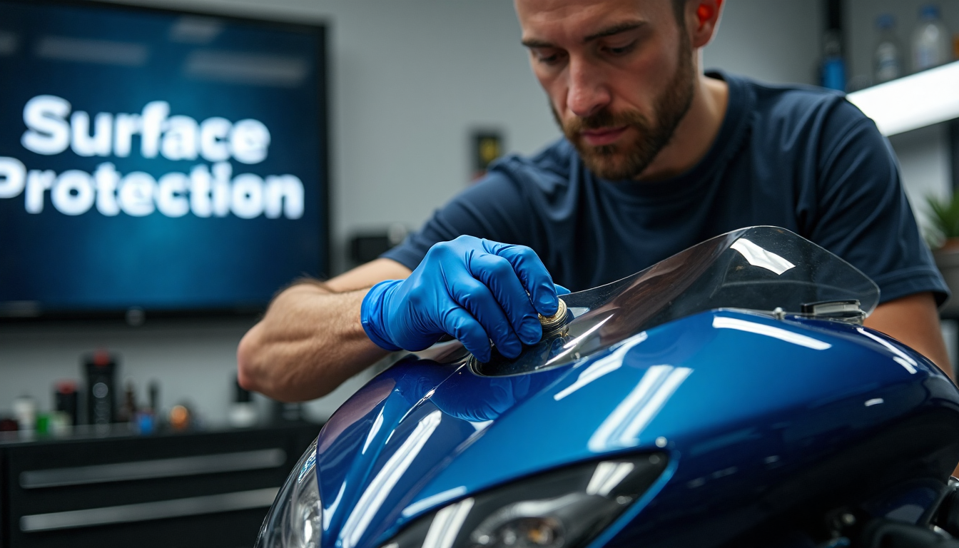 Installer applies PPF to motorcycle fairing with 'Surface Protection' on screen