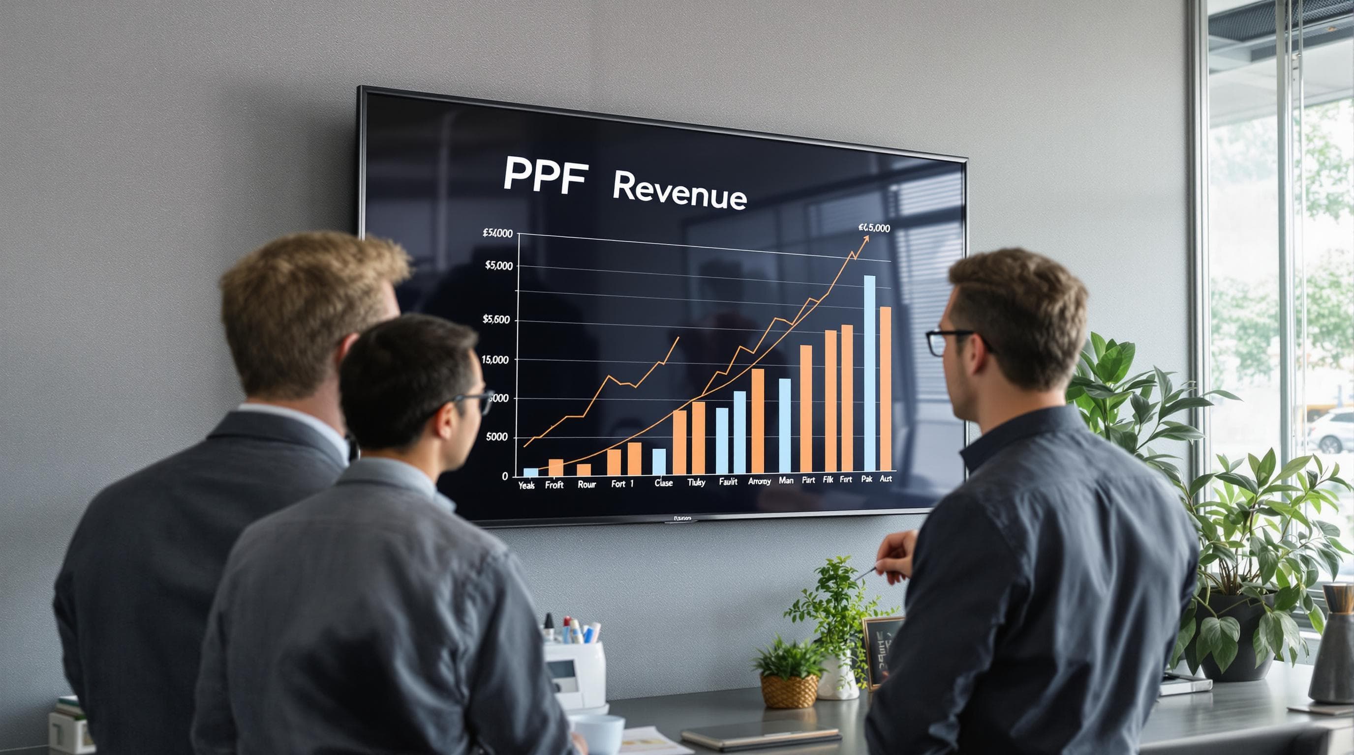 Automotive business team reviews PPF revenue trends on digital screen