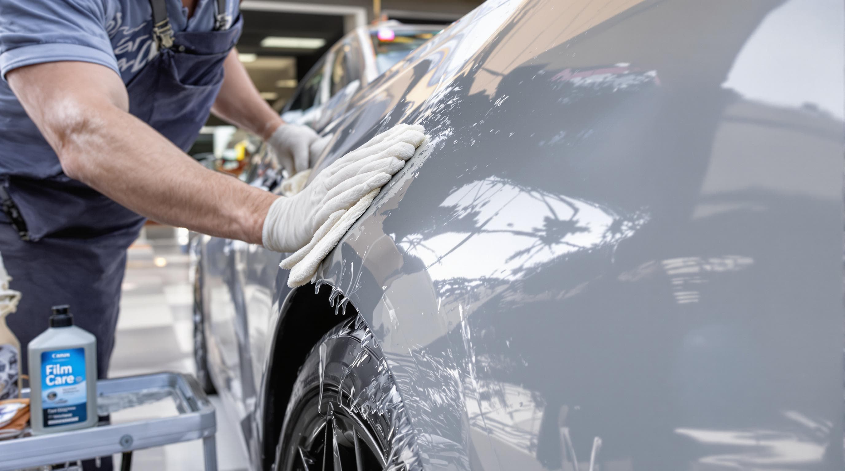 Specialist carefully cleaning PPF-protected car panel with Film Care product.