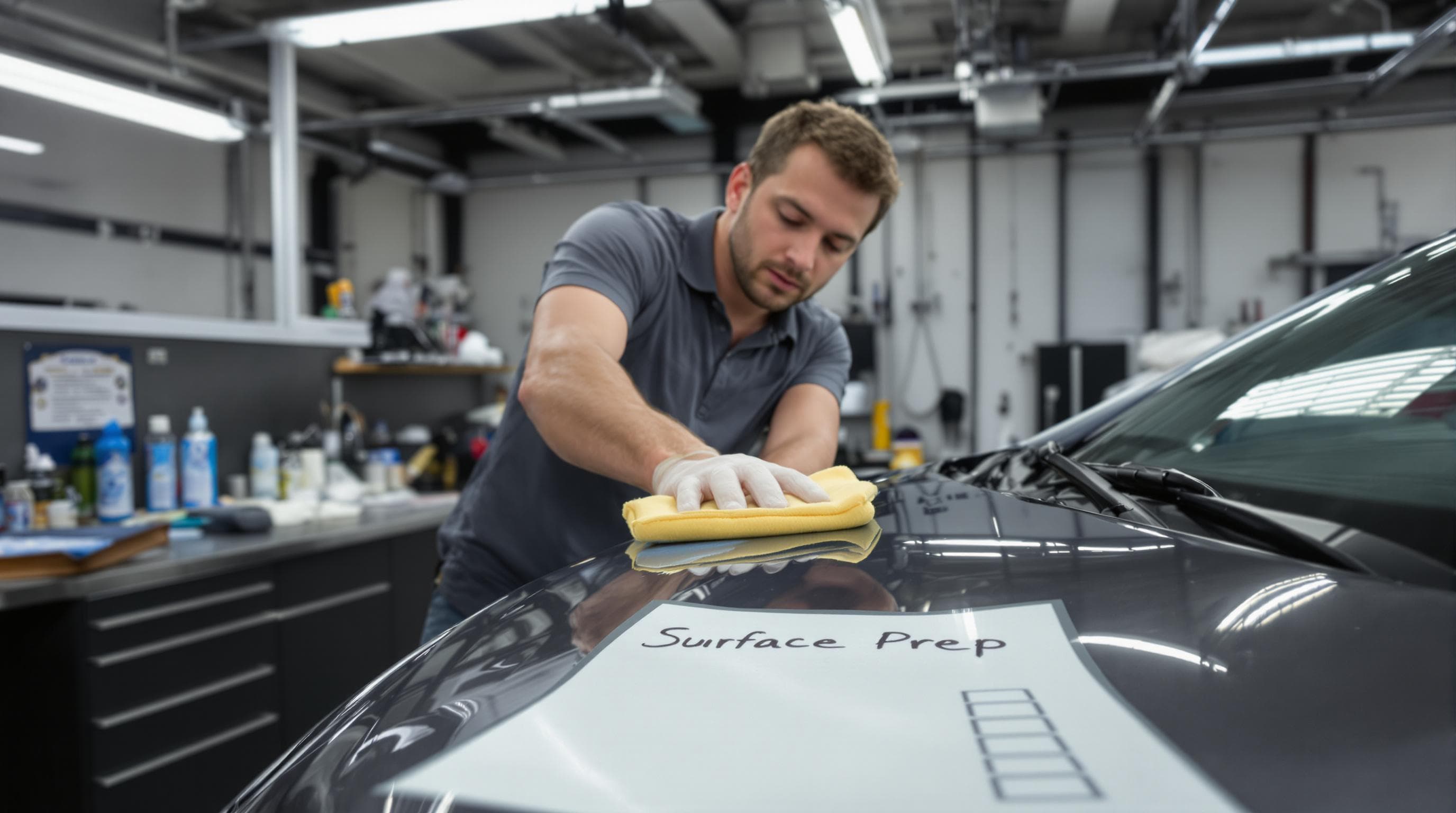 Technician carefully performing car hood surface preparation before PPF