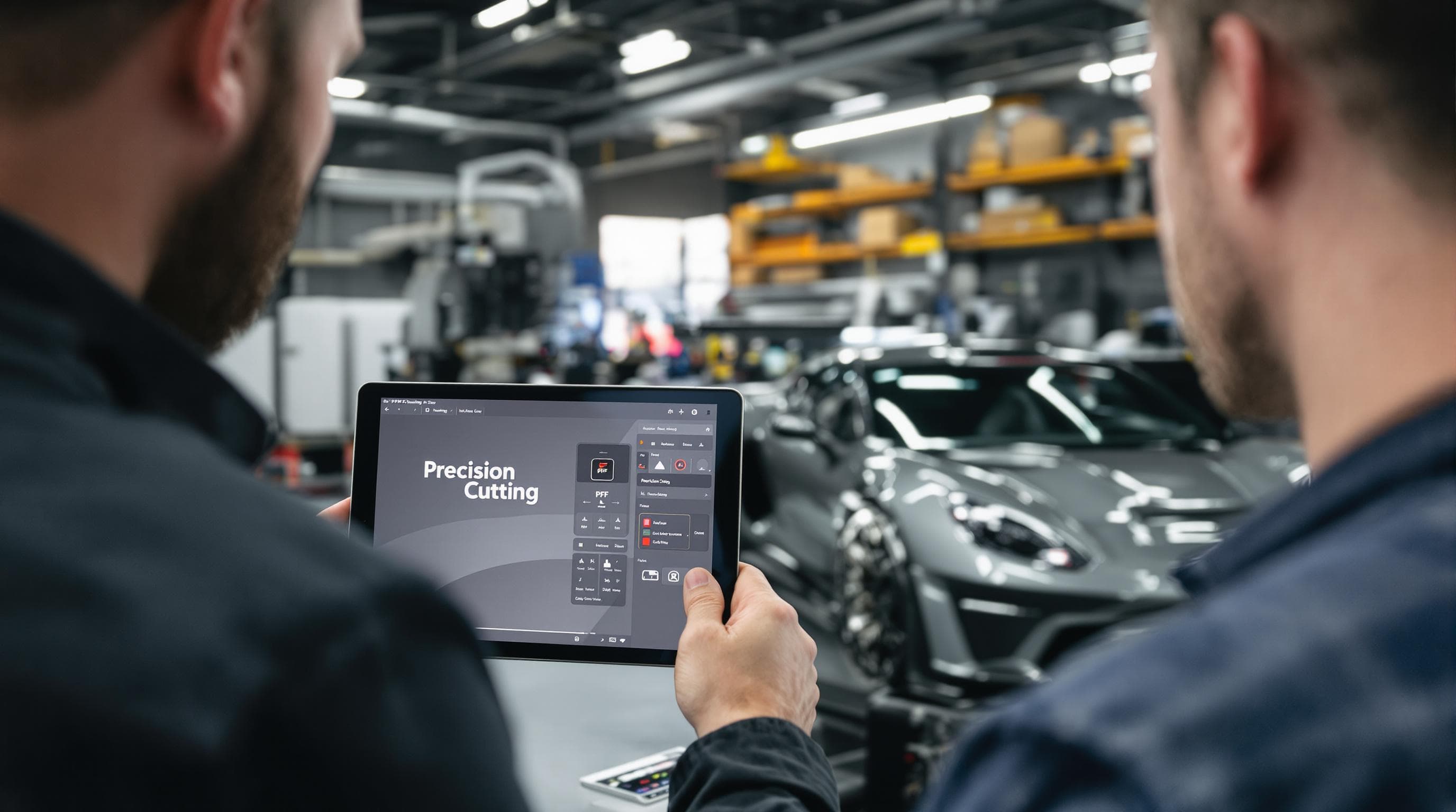 Technician with tablet and plotter cutting PPF film for car