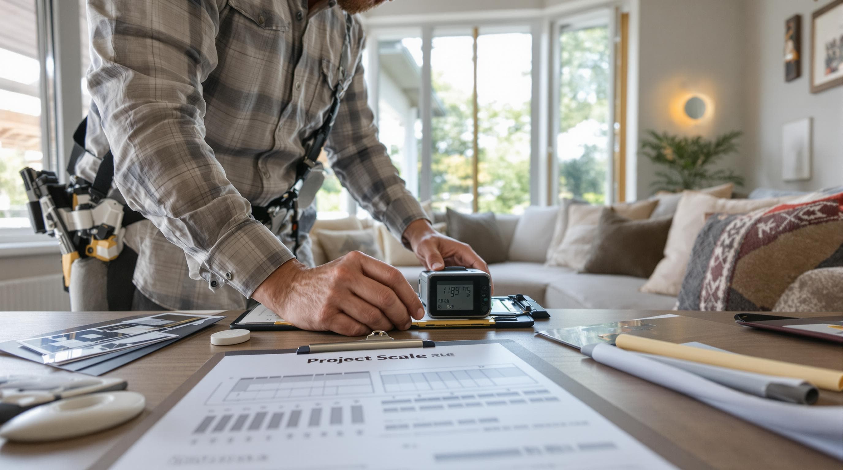 Installer measuring home windows for tinting project scale