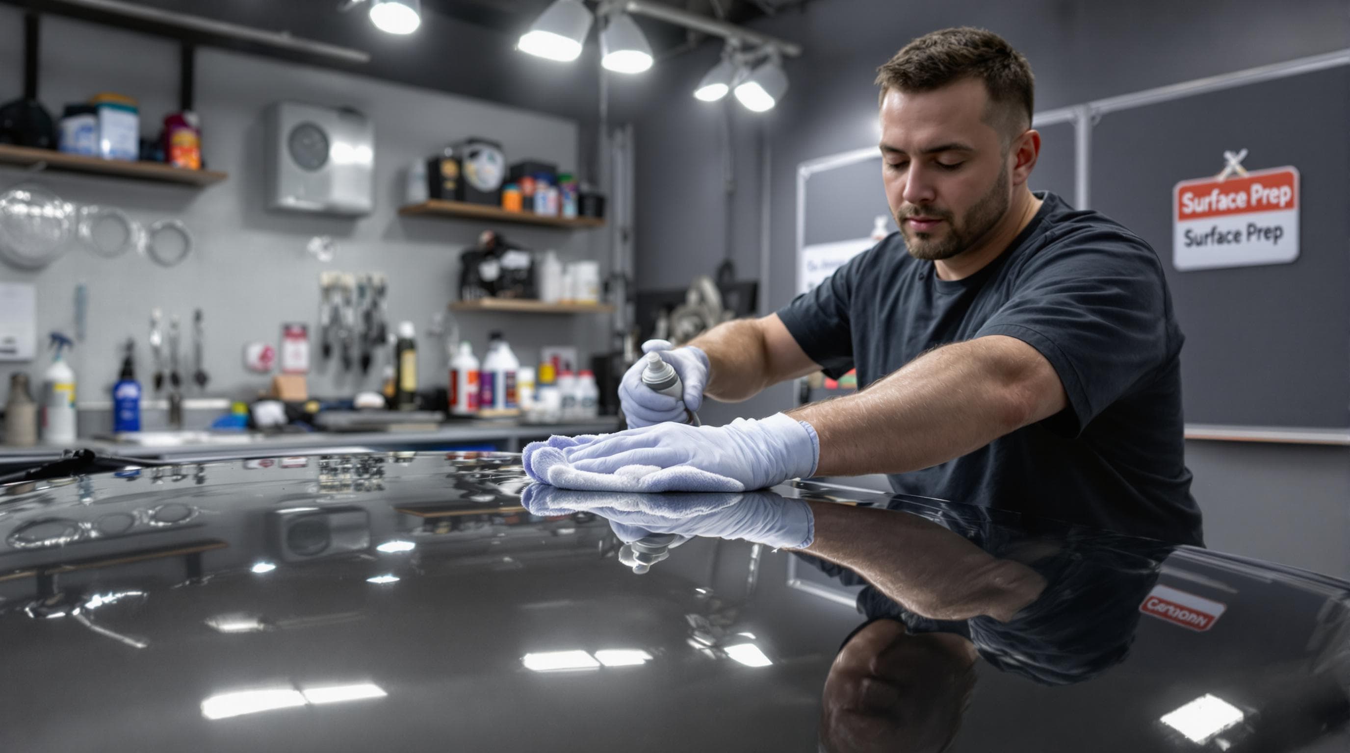 Installer carefully prepares car surface for PPF application