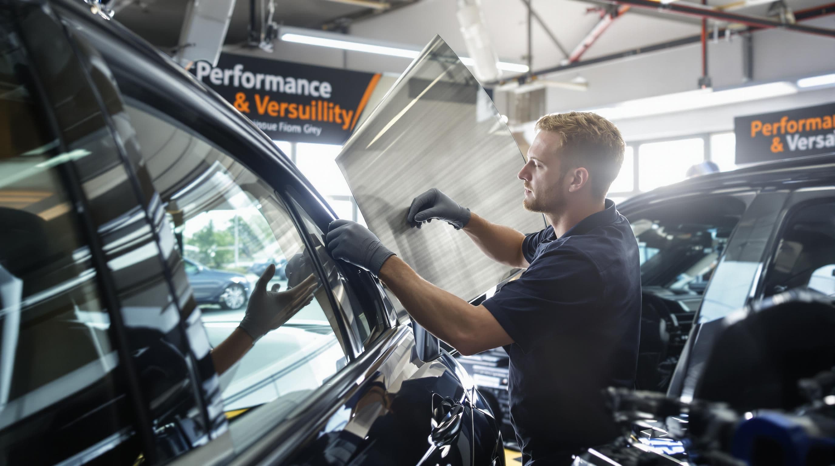 Tint installer applies high performance film to luxury car window