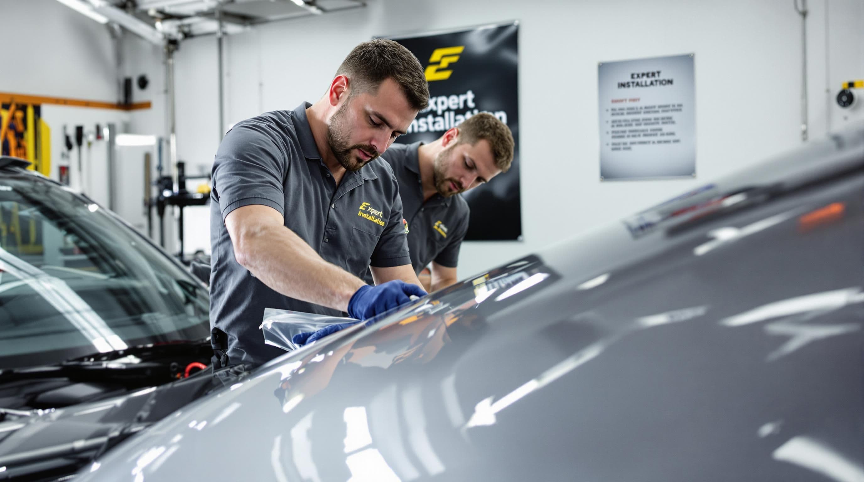 Detailing experts install PPF and ceramic coating with maintenance advice in auto shop