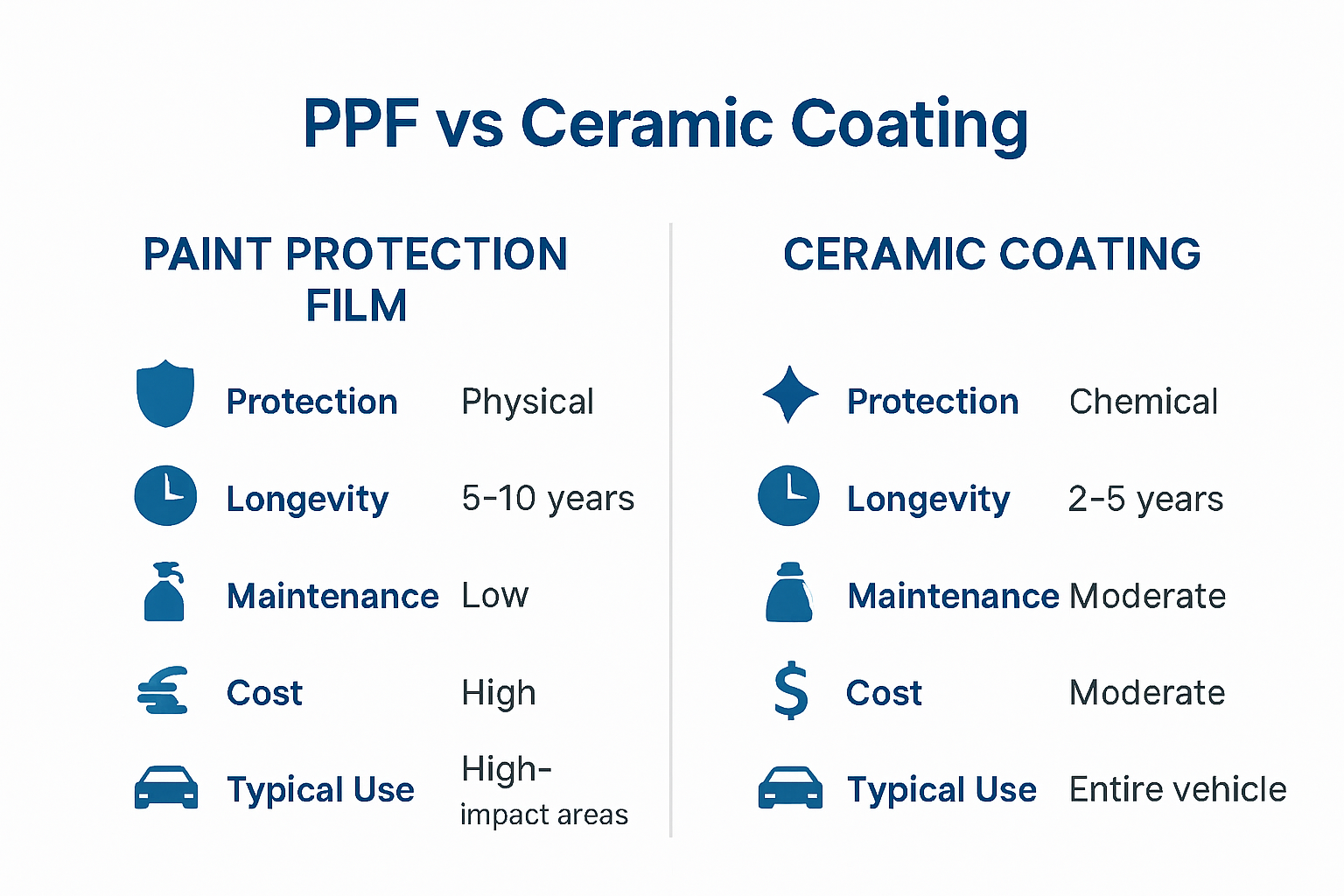 Comparison infographic of PPF versus ceramic coating features and benefits.