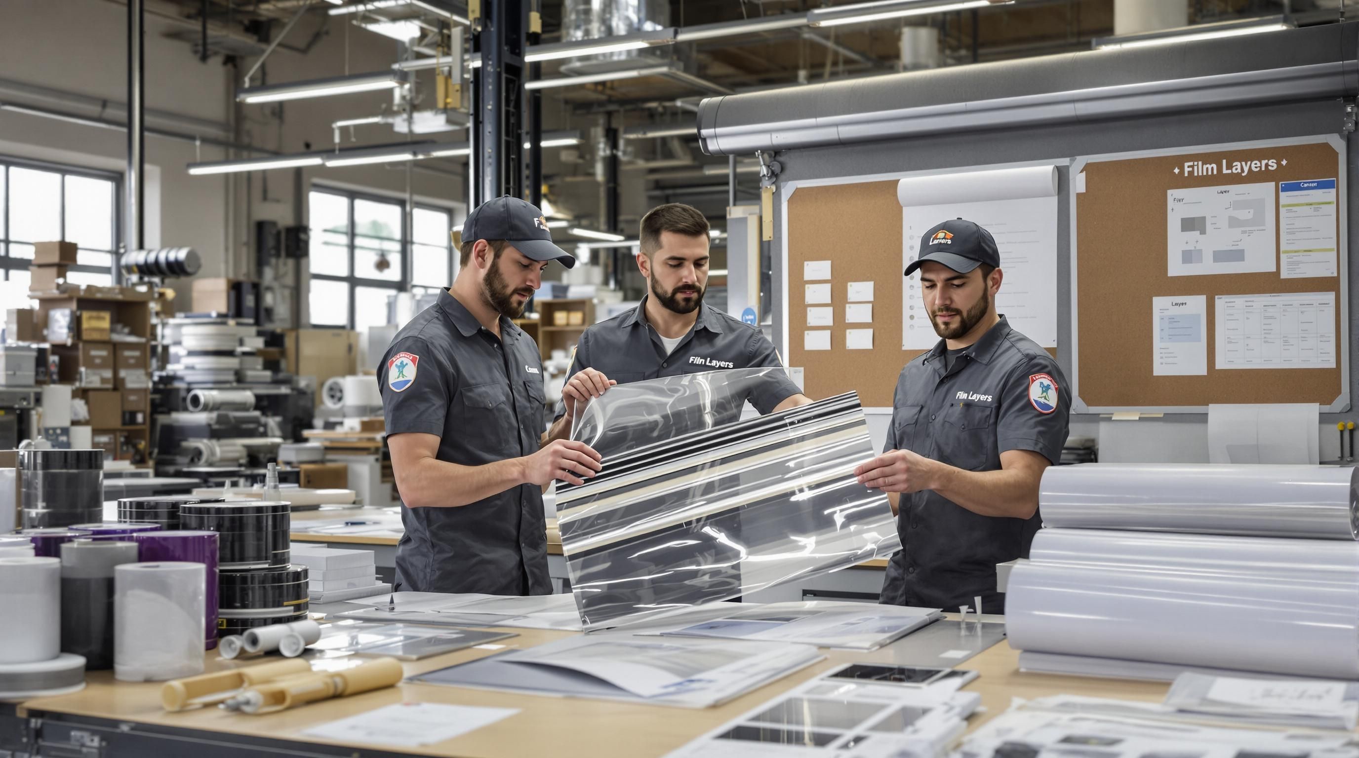 Technicians analyze window film layers with 'Film Layers' chart visible