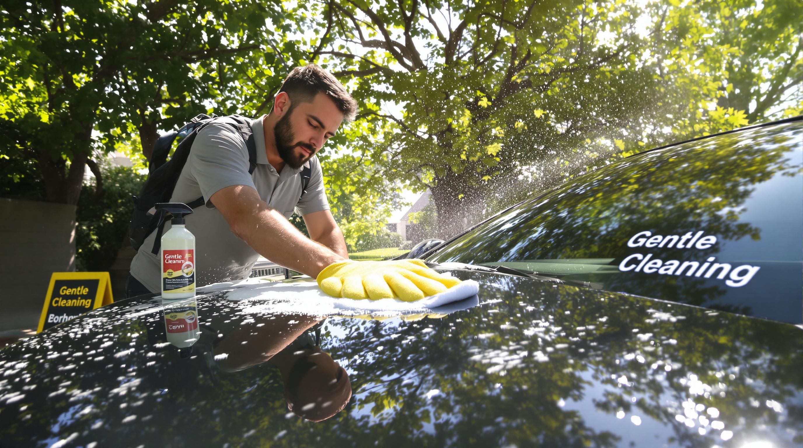 Detailer hand-washes PPF-protected car in shaded driveway, demonstrating gentle cleaning.