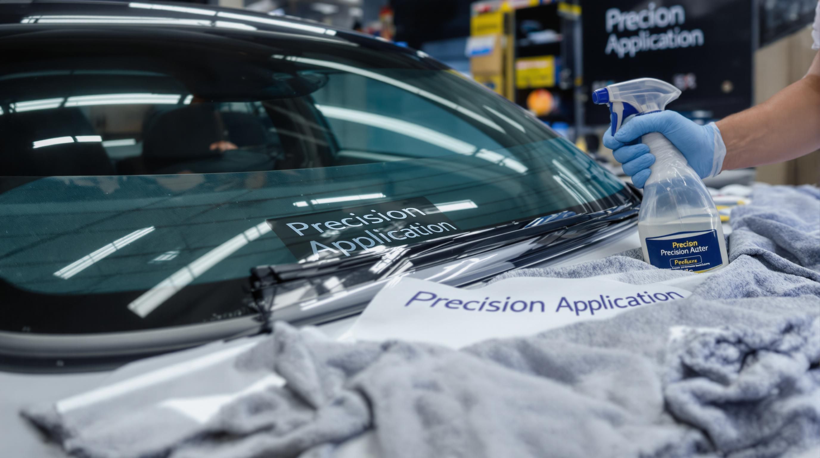 Close-up of installer using squeegee and spray bottle to apply tint film