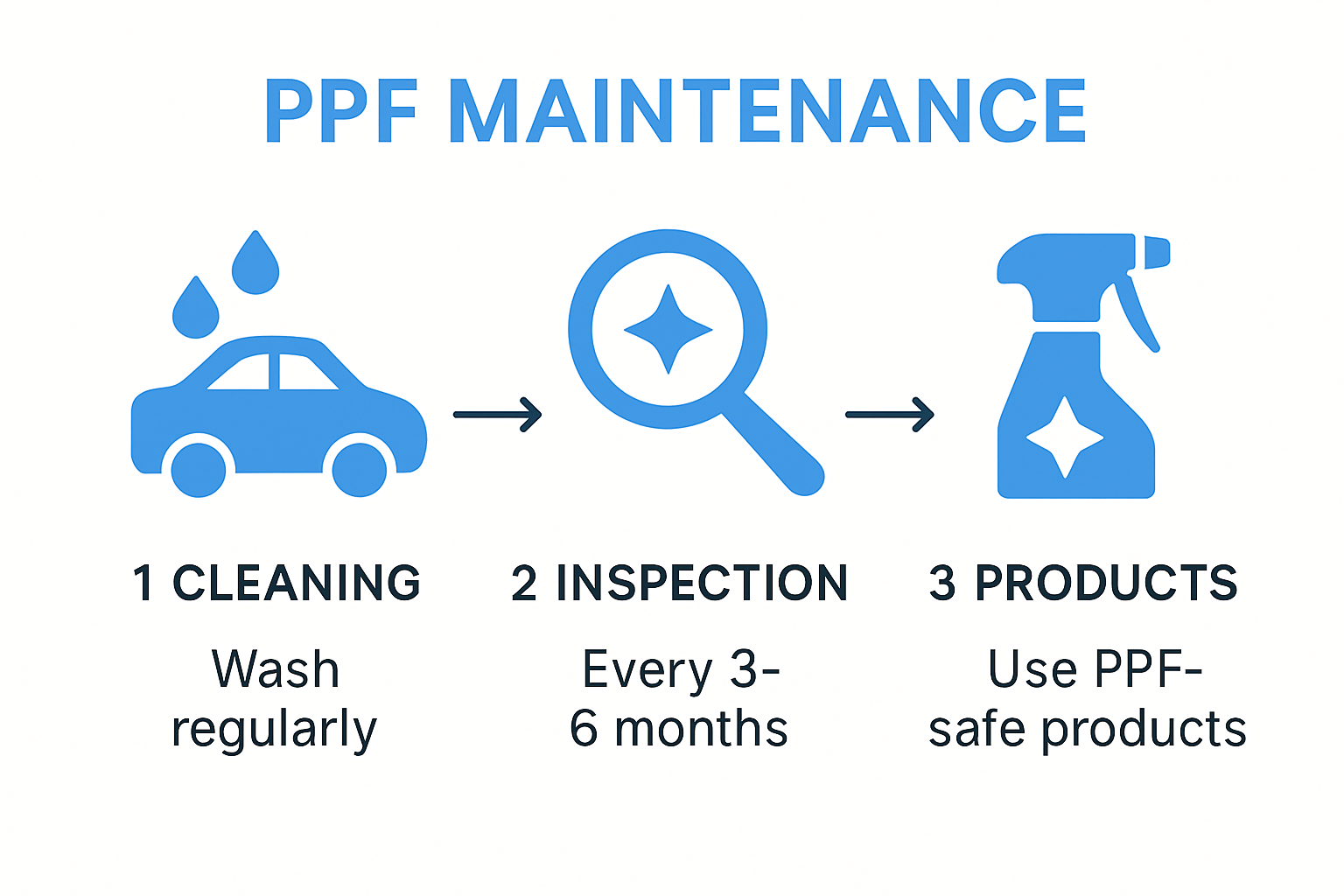 Paint Protection Film maintenance steps infographic