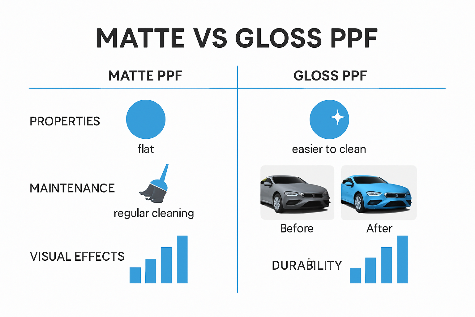 Infographic comparing matte PPF and gloss PPF.