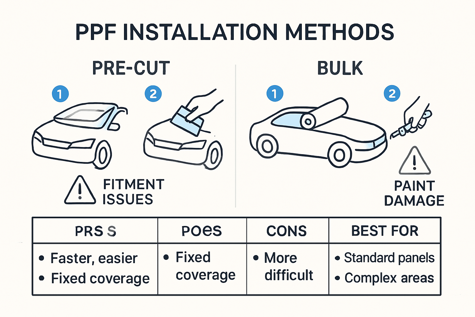 Infographic comparing pre-cut and bulk PPF installation methods
