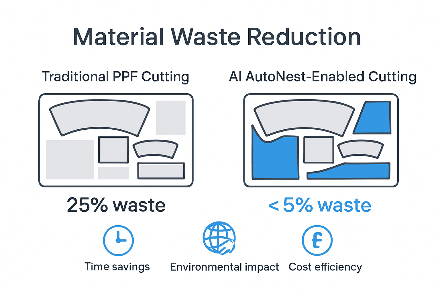 Comparison of traditional vs. AI AutoNest PPF material waste