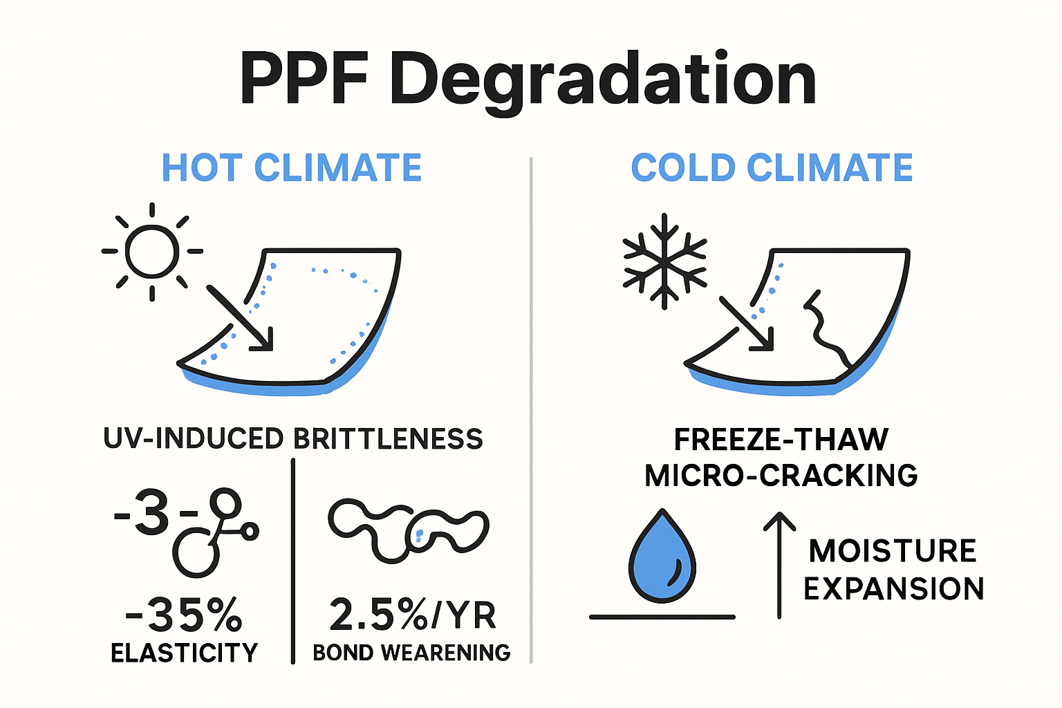 Infographic showing PPF damage mechanisms in hot and cold climates.
