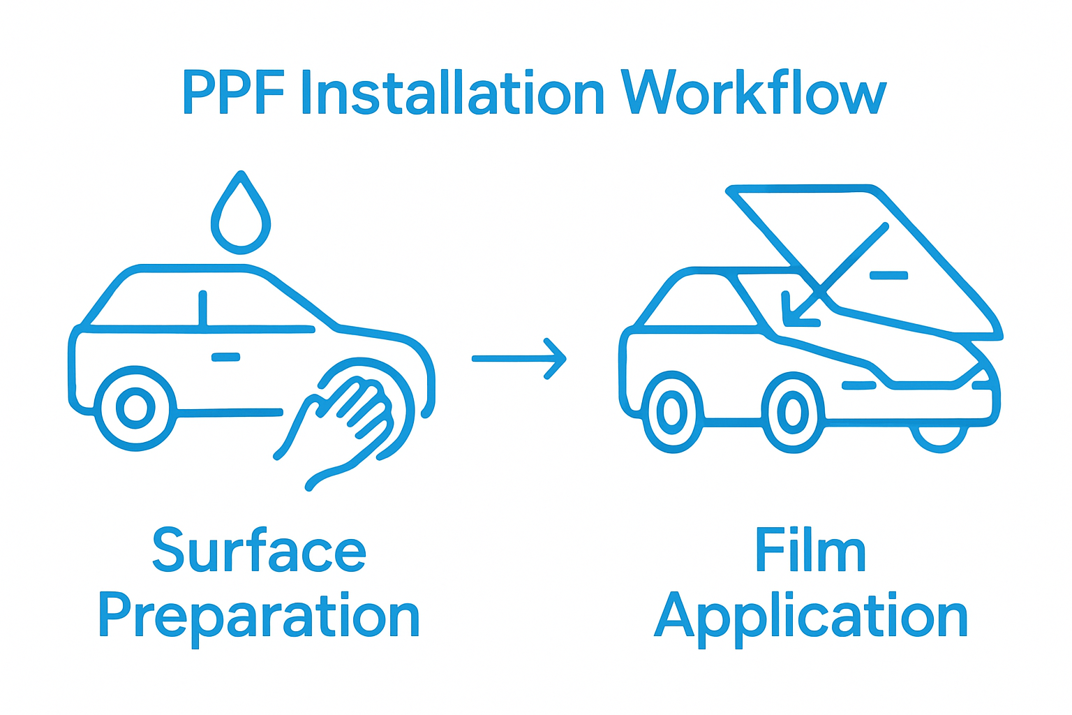 PPF installation workflow showing cleaning, then film application