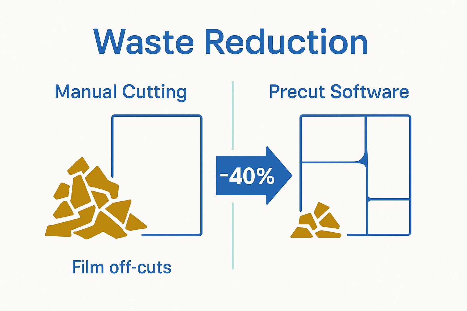 Before and after film waste comparison using precut software