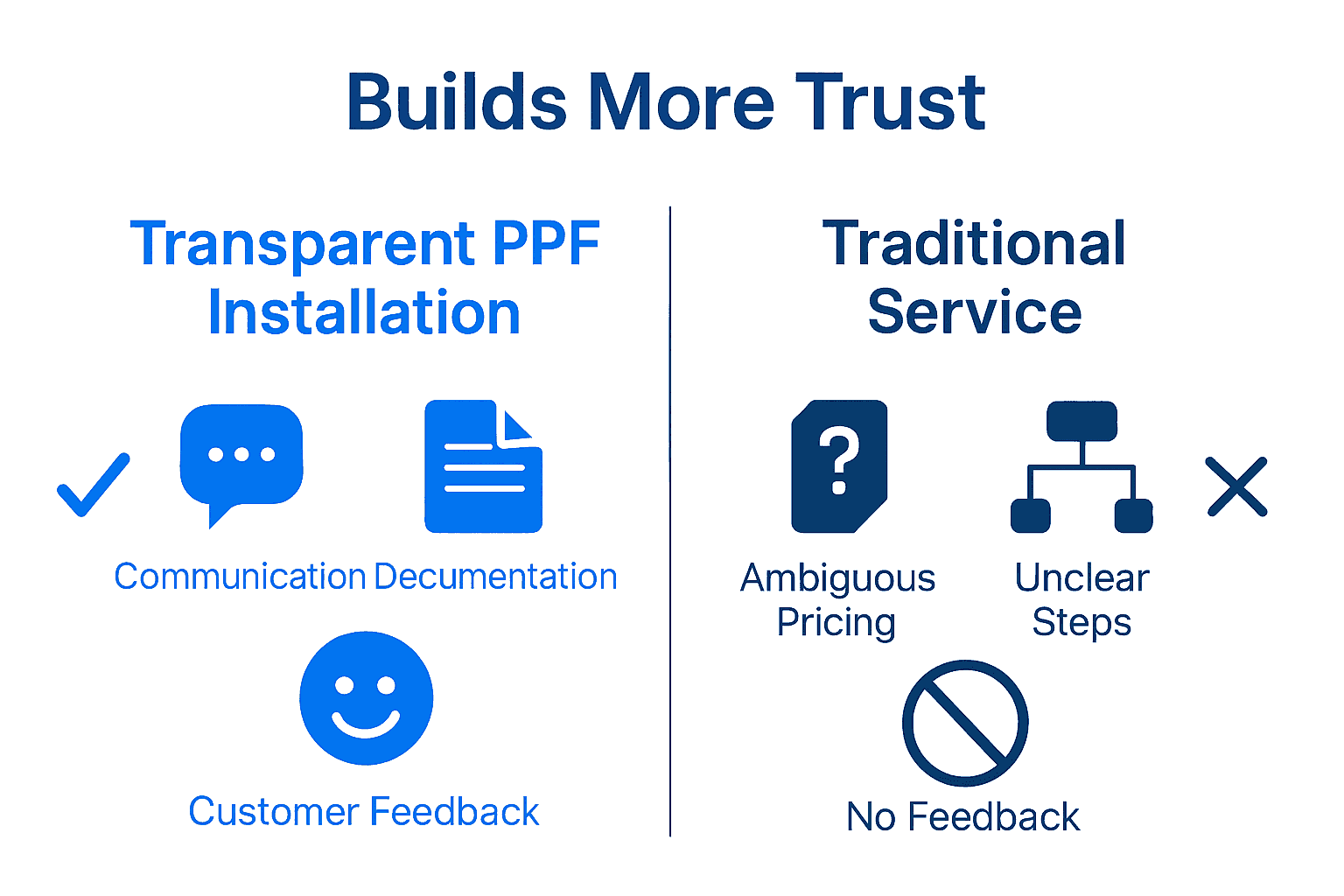 Infographic comparing transparent vs traditional PPF installation steps.