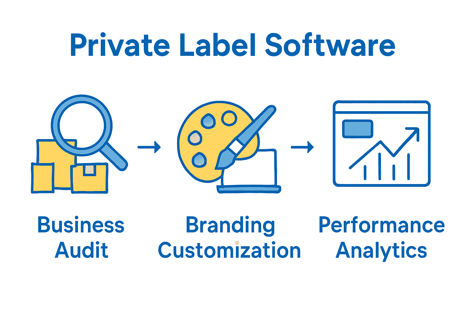 Infographic showing private label software journey: audit, branding, analytics.