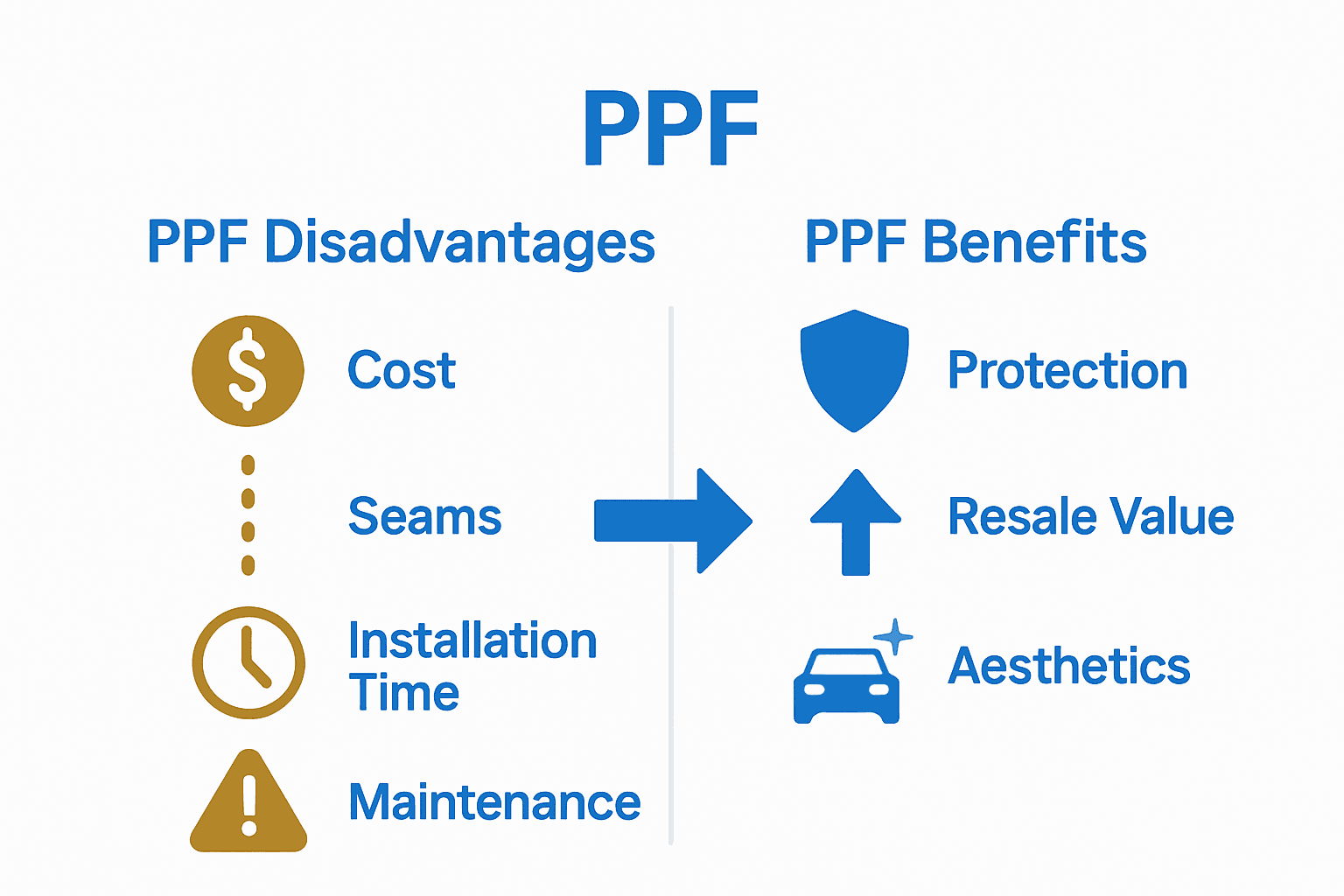 Infographic showing main disadvantages and benefits of paint protection film for cars.
