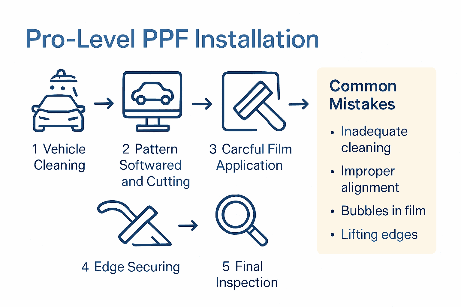 Infographic detailing 5 steps to professional PPF installation with icons and arrows.
