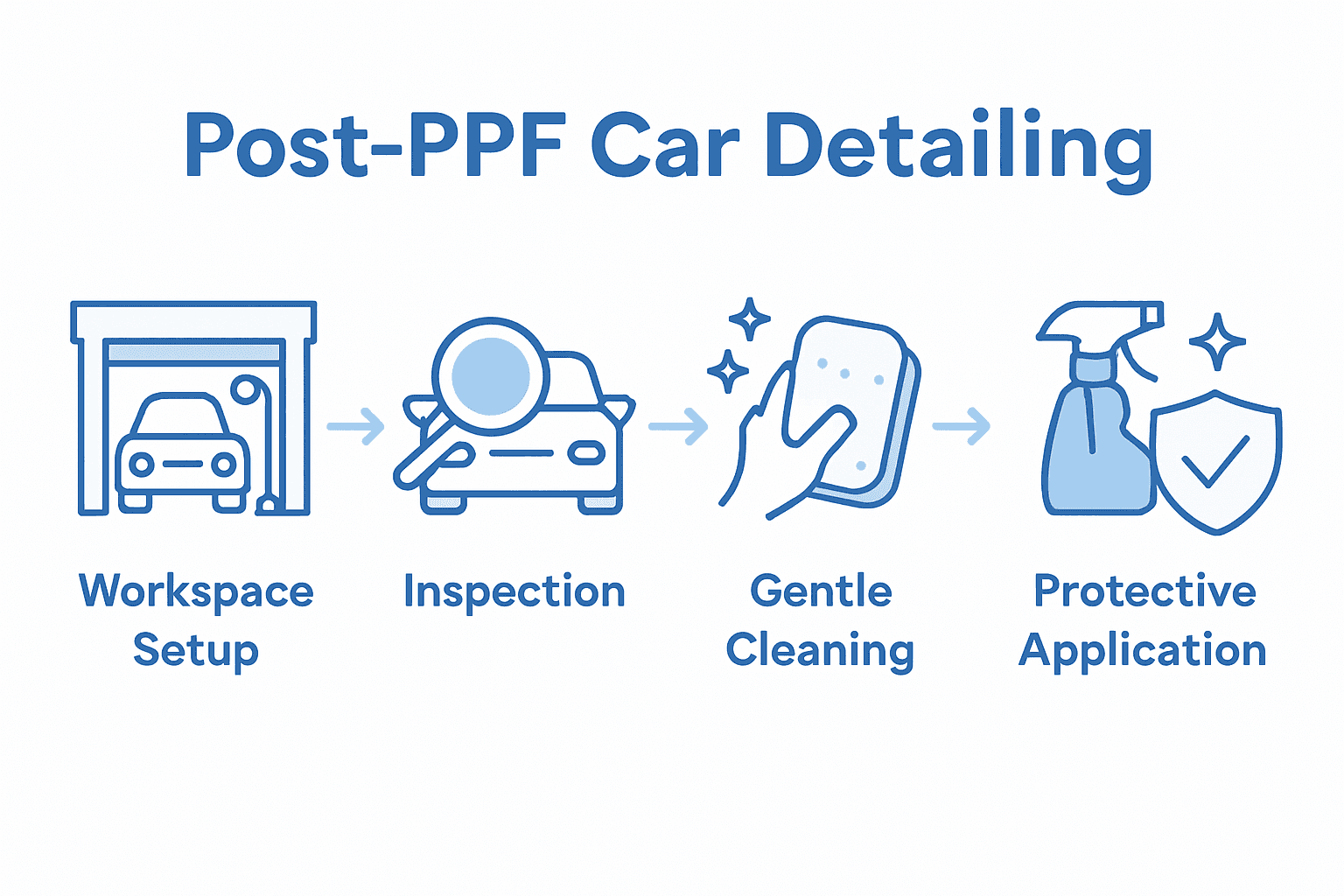 Five step visual process for car detailing after PPF installation with icons and arrows.