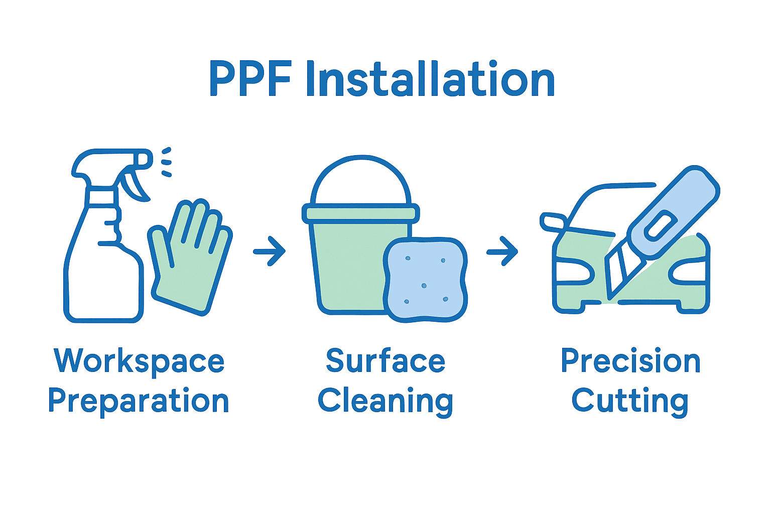 Infographic comparing workspace prep, surface cleaning, and cutting techniques for PPF installation.