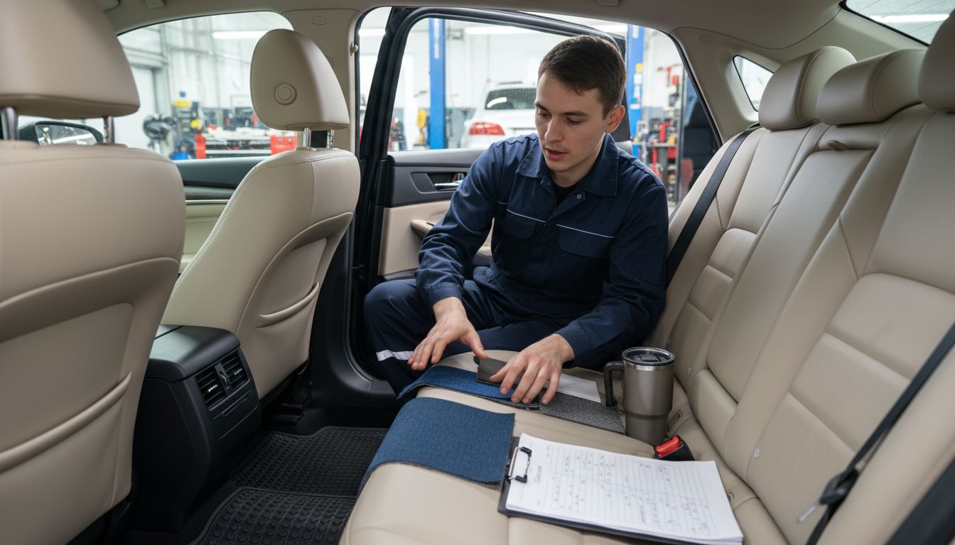 Technician inspects car seat material samples