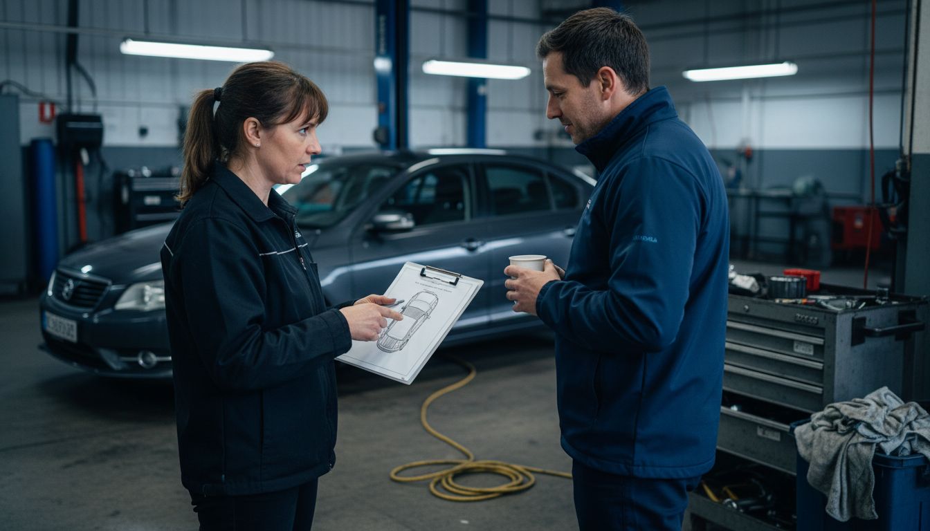 Installer with clipboard explaining to client